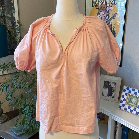 New XS Pink Bamboo Bubble Sleeve Open Ruffle Neck Top Blouse Old Navy Romantic - Picture 2 of 4